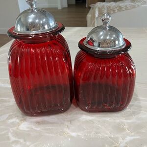 Vintage Artland Red Ribbed Glass Canister Set with Silver Lids